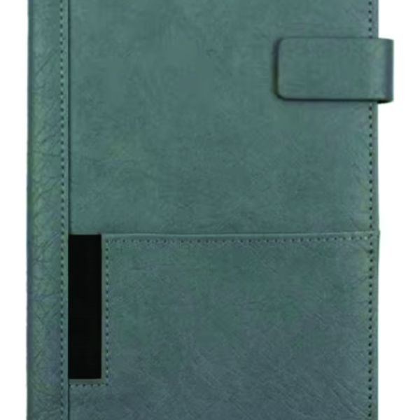 Grey custom PU leather executive notebook with stitched cover, elastic pen holder and side flap closure.