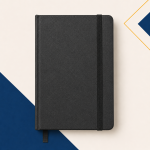 Black textured hardcover notebook with elastic closure and ribbon bookmark