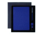 Navy-blue custom executive notebook, matching pen and USB flash drive arranged in a black presentation gift box.