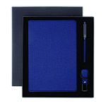 Navy-blue custom executive notebook, matching pen and USB flash drive arranged in a black presentation gift box.