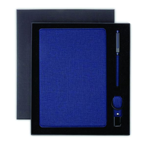 Navy-blue custom executive notebook, matching pen and USB flash drive arranged in a black presentation gift box.