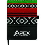 Back view of a black PU leather notebook with a colourful woven fabric side panel and pen loop.