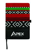 Back view of a black PU leather notebook with a colourful woven fabric side panel and pen loop.