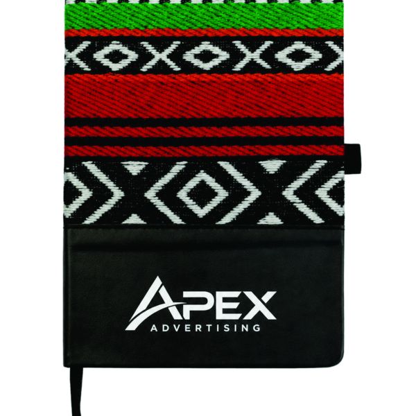 Back view of a black PU leather notebook with a colourful woven fabric side panel and pen loop.