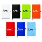 Seven colourful custom hardcover notebooks with matching elastic closures, ribbon bookmarks and side pen loops on a white background.