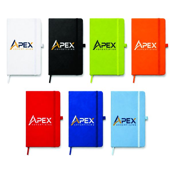 Seven colourful custom hardcover notebooks with matching elastic closures, ribbon bookmarks and side pen loops on a white background.
