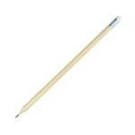 Natural wooden graphite pencil with a sharpened writing tip, silver-coloured ferrule and white eraser on a white background.