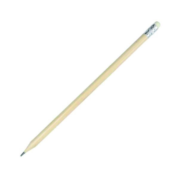 Natural wooden graphite pencil with a sharpened writing tip, silver-coloured ferrule and white eraser on a white background.