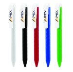 Custom faceted plastic ballpoint pens in white, black, red, blue and green with oversized white printable logo clips.