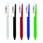 Custom faceted plastic ballpoint pens in white, black, red, blue and green with oversized white printable logo clips.