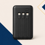 Black portable power bank with three built-in charging cables