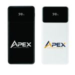 Black and white custom power banks with digital battery-percentage displays, built-in Type-C and Lightning cables, multiple charging ports and logo-printing areas.