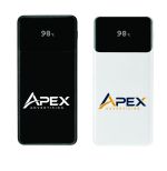 Black and white custom power banks with digital battery-percentage displays, built-in Type-C and Lightning cables, multiple charging ports and logo-printing areas.