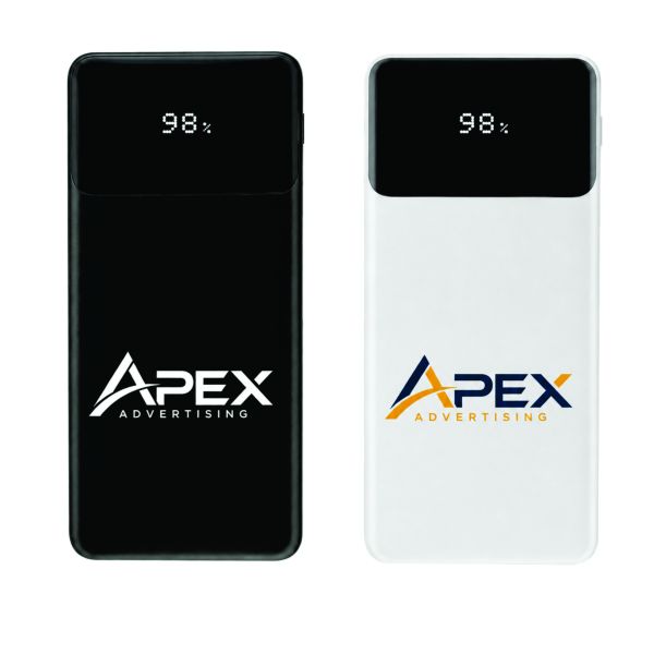 Black and white custom power banks with digital battery-percentage displays, built-in Type-C and Lightning cables, multiple charging ports and logo-printing areas.