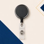 Black round retractable ID badge holder with clear snap strap