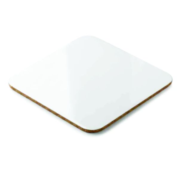 Blank square MDF sublimation coaster with rounded corners, a glossy white printable surface and brown hardboard base.