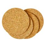 Four plain round natural cork coasters displayed in an overlapping arrangement on a white background.