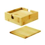 Closed square bamboo coaster set arranged inside a matching wooden storage holder with finger-access openings.