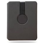 Dark-grey custom tech notebook with wireless charging area, portrait and landscape phone stand, card pockets, pen holder and writing notebook.