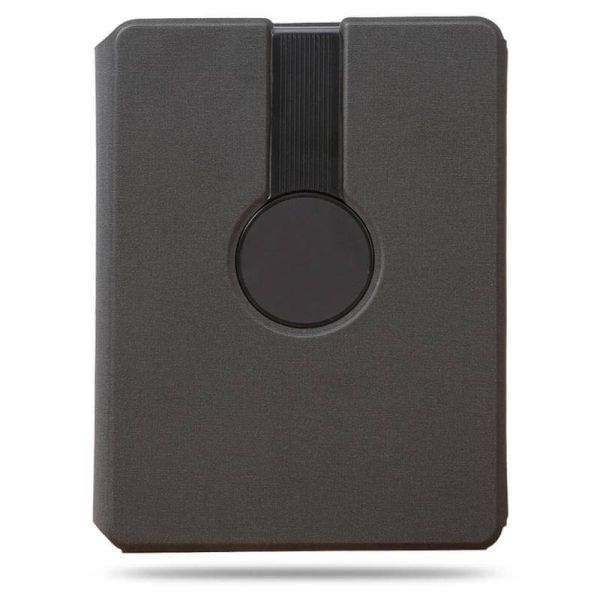 Dark-grey custom tech notebook with wireless charging area, portrait and landscape phone stand, card pockets, pen holder and writing notebook.