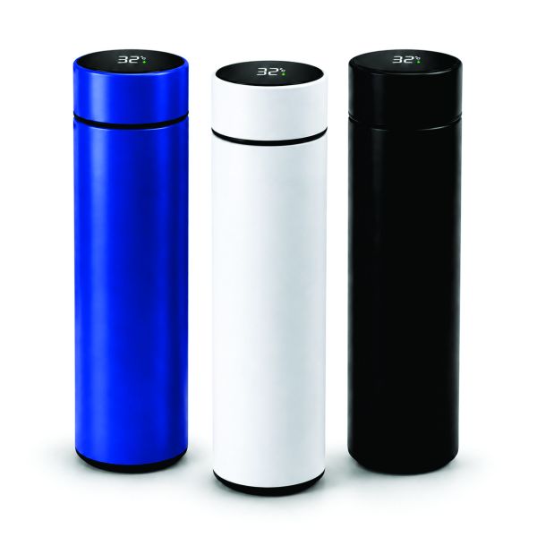 Smart temperature display bottles in blue, white and black colors