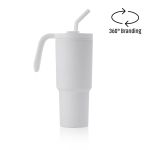 White custom travel tumbler with carrying handle, reusable bent straw and smooth surface suitable for 360-degree branding.
