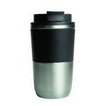 stainless-steel travel tumbler with a black textured PU leather sleeve and black flip-top lid.