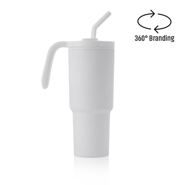 White custom travel tumbler with carrying handle, reusable bent straw and smooth surface suitable for 360-degree branding.