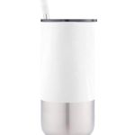 White 450ml custom vacuum tumbler with reusable angled straw, fitted lid and stainless-steel lower section.