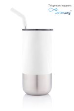White 450ml custom vacuum tumbler with reusable angled straw, fitted lid and stainless-steel lower section.