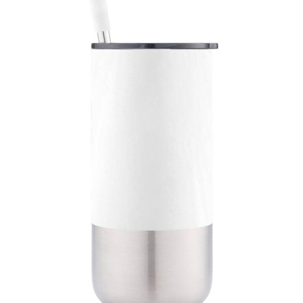 White 450ml custom vacuum tumbler with reusable angled straw, fitted lid and stainless-steel lower section.