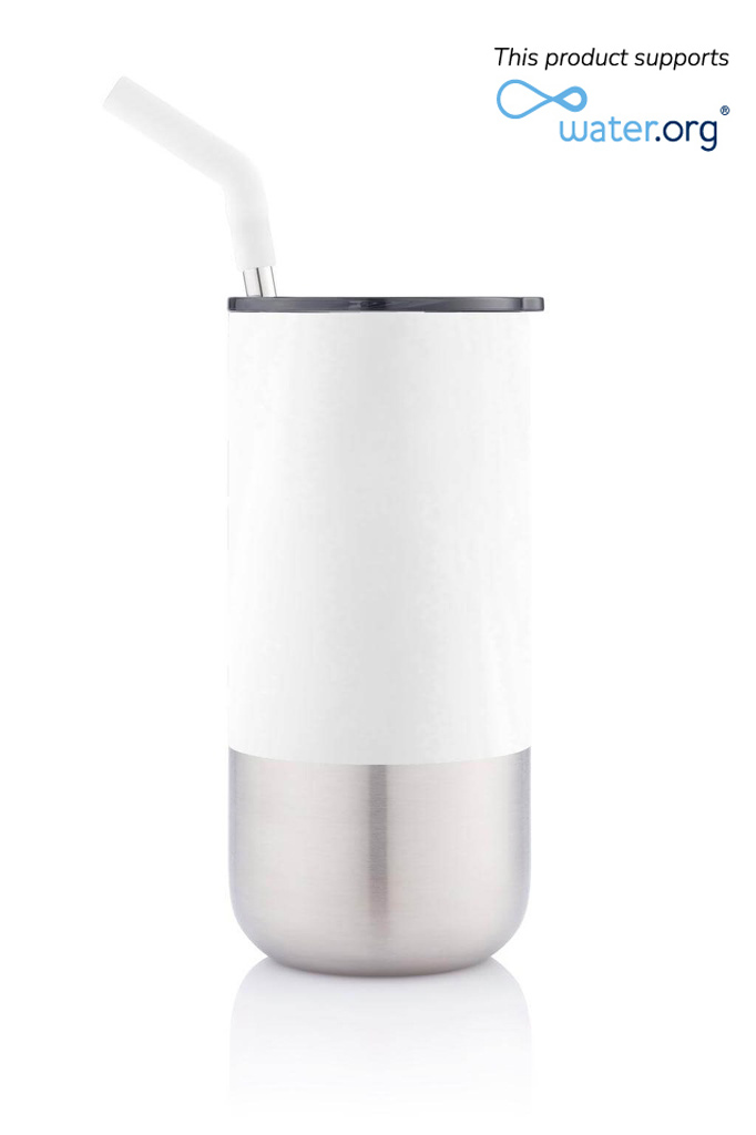 White 450ml custom vacuum tumbler with reusable angled straw, fitted lid and stainless-steel lower section.