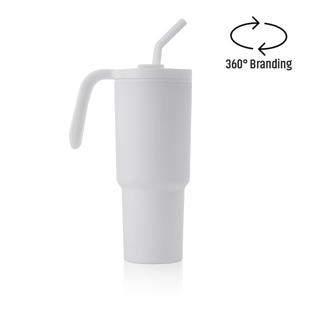 Tumbler White custom travel tumbler with carrying handle, reusable bent straw and smooth surface suitable for 360-degree branding.