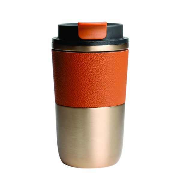 stainless-steel travel tumbler with a black textured PU leather sleeve and black flip-top lid.