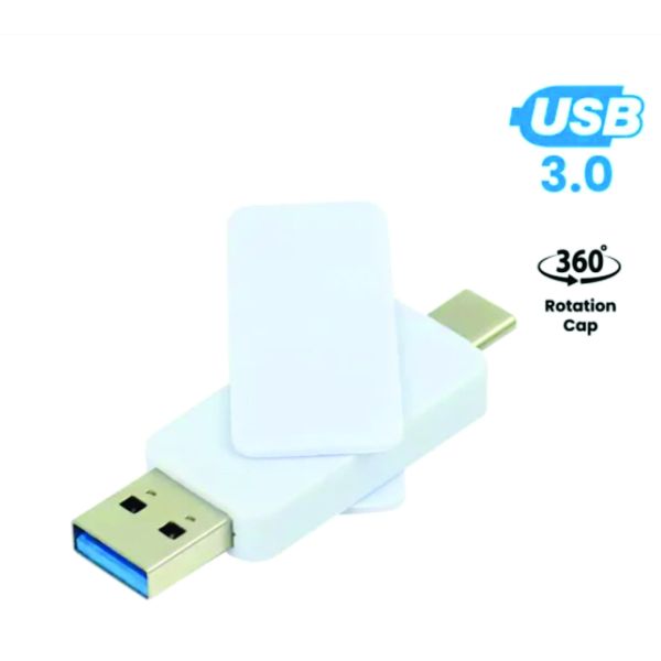 White dual USB 3.0 and Type-C flash drive with a 360-degree rotating cap and custom logo area.