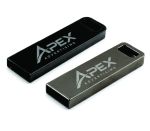 Black and gunmetal slim metal USB flash drives with keyring openings and customizable laser-engraving surfaces.