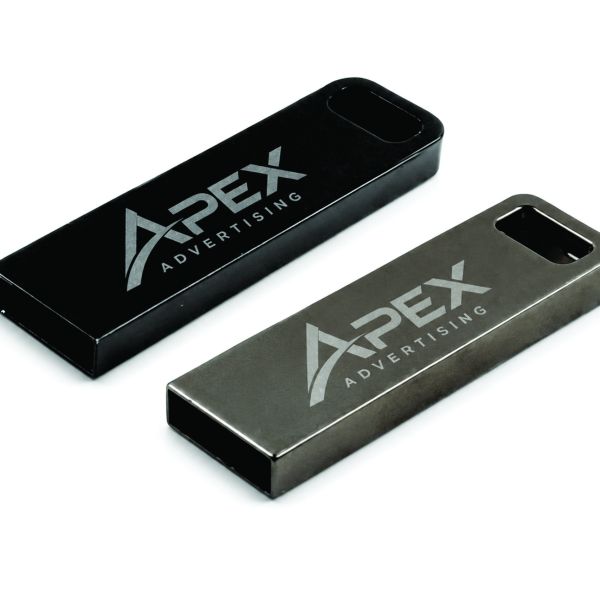 Black and gunmetal slim metal USB flash drives with keyring openings and customizable laser-engraving surfaces.