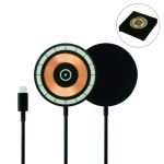 Alt Text: Custom black circular magnetic wireless charger with USB-C power cable and a large round logo-printing area for corporate branding.