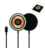 Alt Text: Custom black circular magnetic wireless charger with USB-C power cable and a large round logo-printing area for corporate branding.