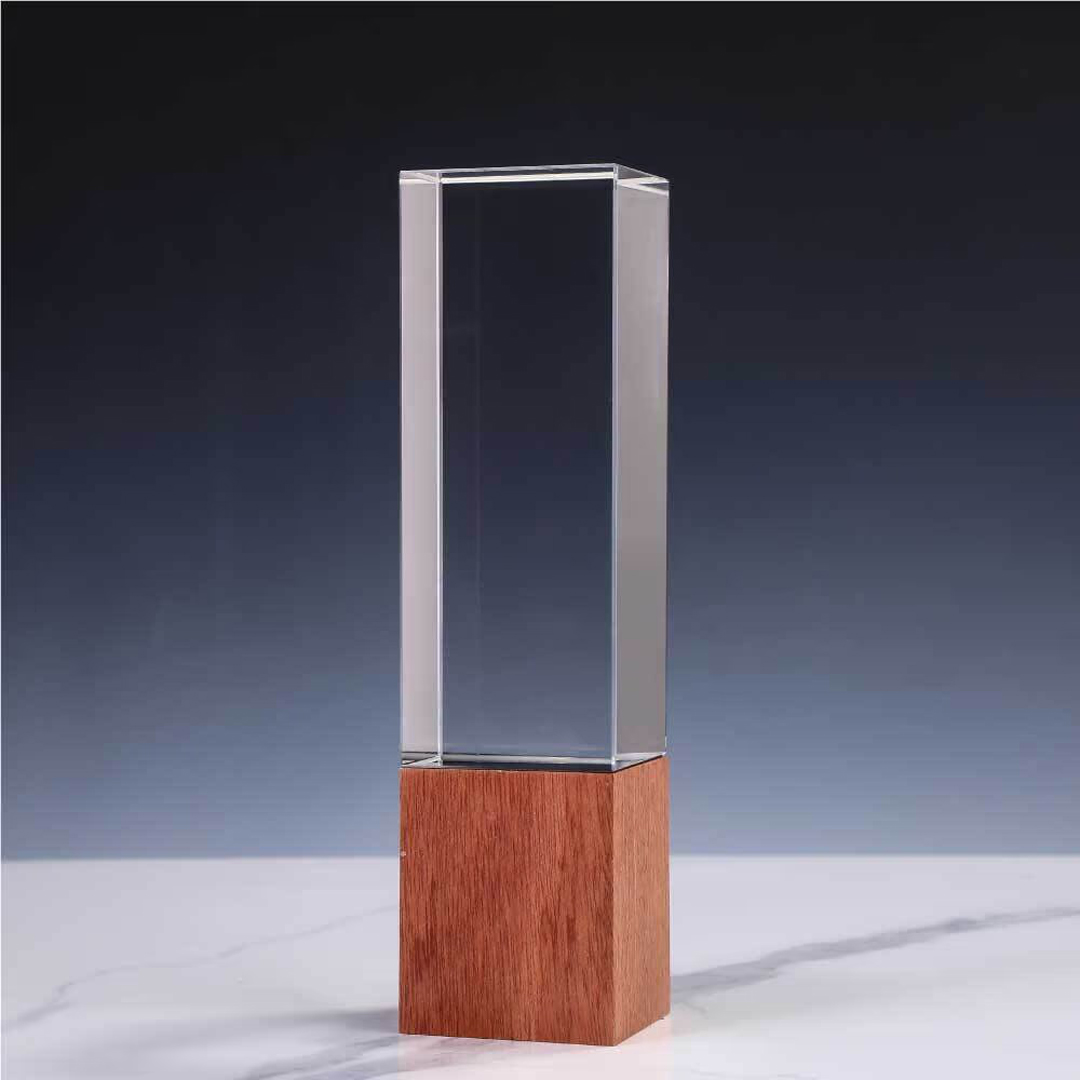 Wood Basw Crystal Award Custom Rectangular Crystal Column Award with Wooden Base - Image 1