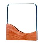 Blank clear rectangular crystal award with bevelled corners and a sculpted curved wooden b