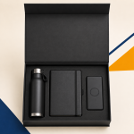 Black corporate gift box with bottle, notebook and wireless power bank