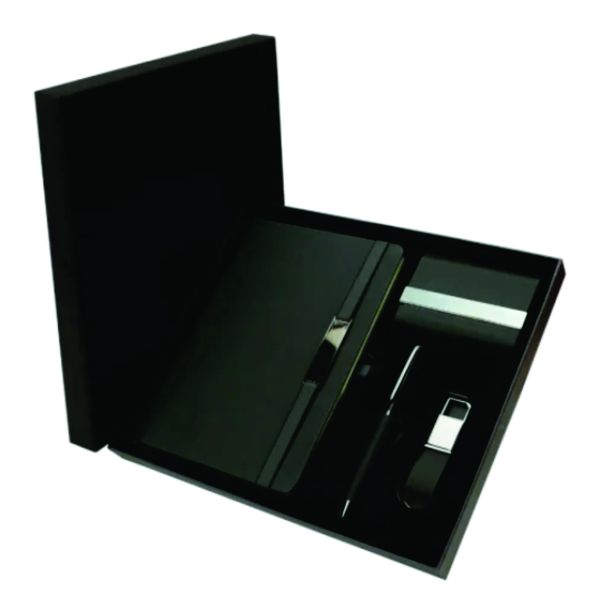 Custom green executive gift set with branded notebook, matching pen, business card holder and USB flash drive keychain inside a presentation box.