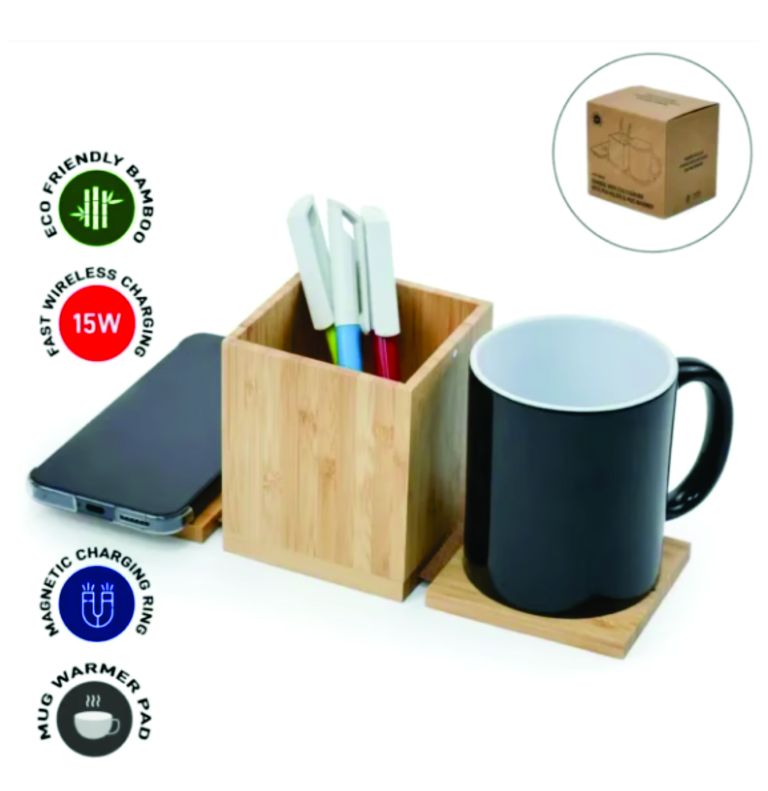 Bamboo pen holder with side platforms labelled as a wireless charging pad and mug warmer pad.