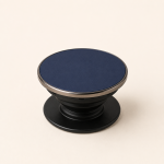 Round navy mobile phone grip with a metallic rim and collapsible black stand.
