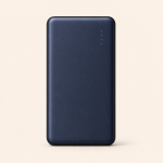 Front view of a navy blue portable power bank with four LED indicators.
