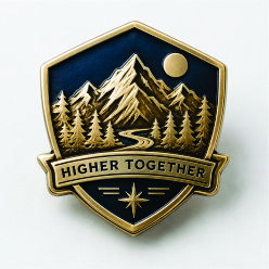 3D metal lapel pin with raised mountain crest design in antique silver finish