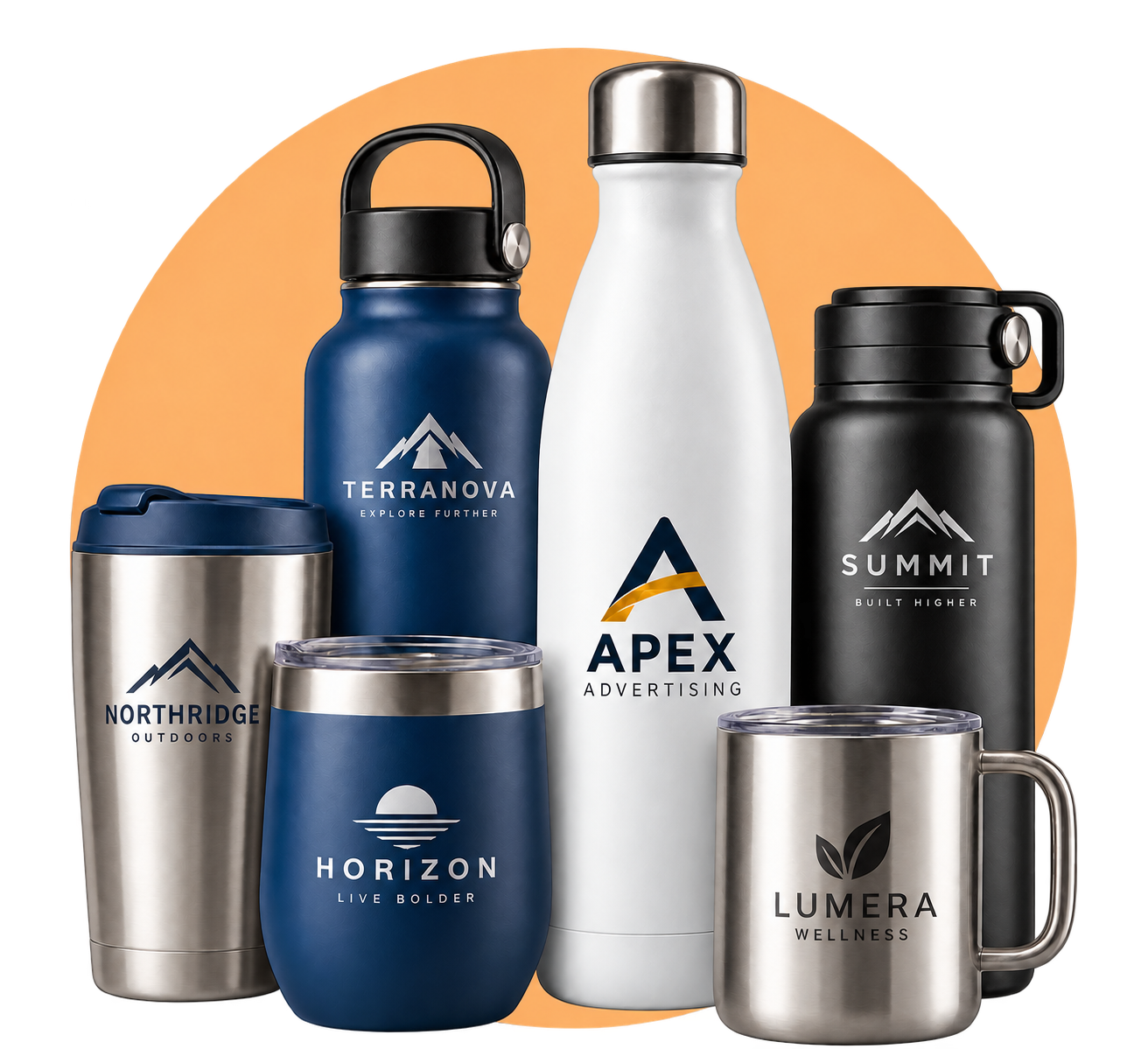 Branded drinkware collection with insulated bottles, tumbler, travel cup and mug on a light orange circular background