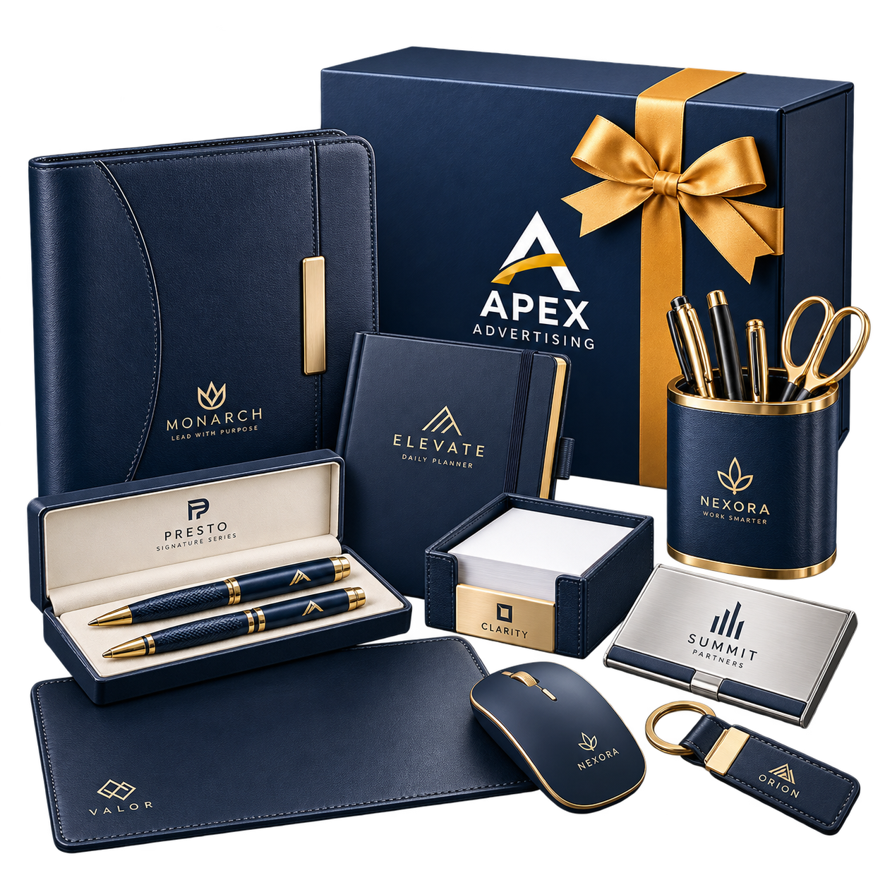 Premium custom corporate gifts set with navy and gold notebook, folio, pen set, gift box, pen holder, memo pad, mouse, business card holder and keychain on a transparent background.