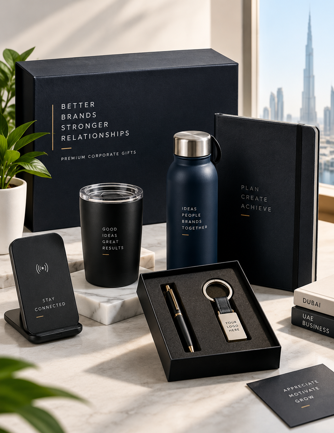 Premium corporate gift set with branded notebook drinkware and tech accessories in Dubai UAE
